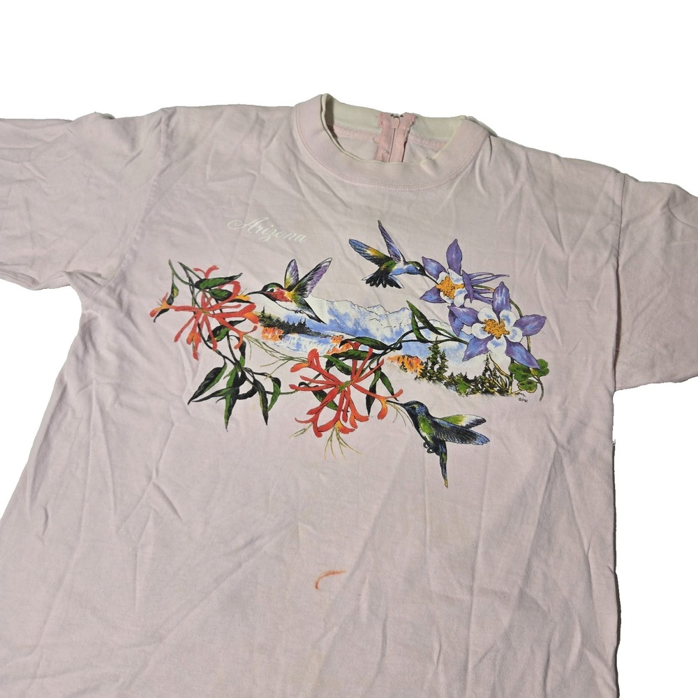Vintage Nature Shirt Womens Medium Pink Birds Hummingbird Single Stitch Floral